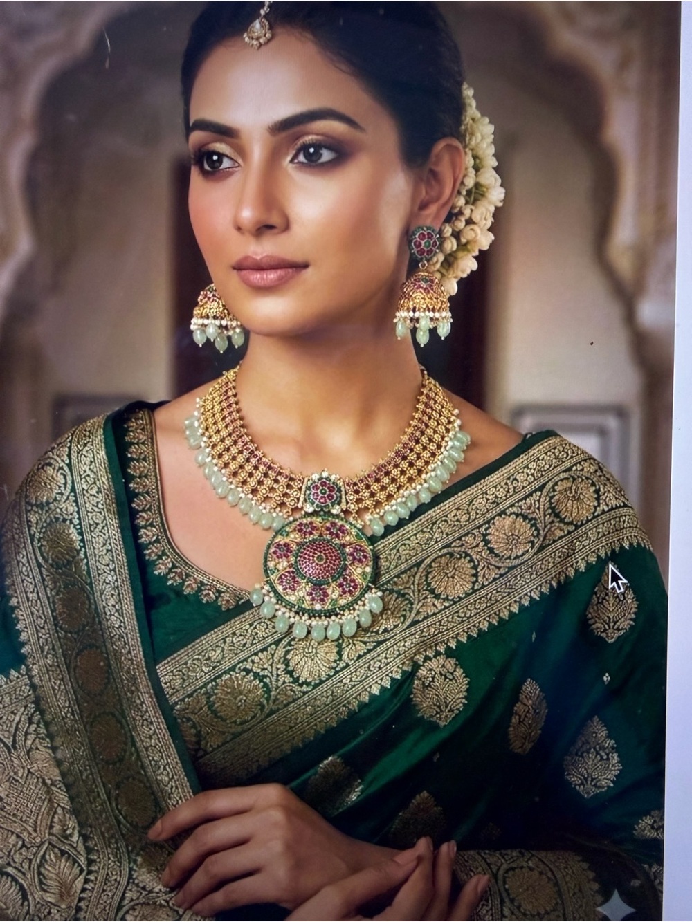 Gold and Mint Green Kundan Statement Necklace with Earrings set